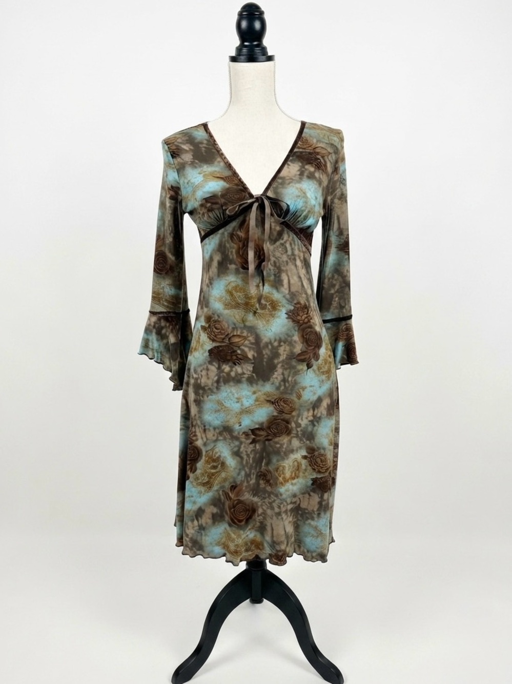 Vintage 90s Y2K Brown Turquoise Velvet Trim Floral Print Dress Whimsigoth Fairy